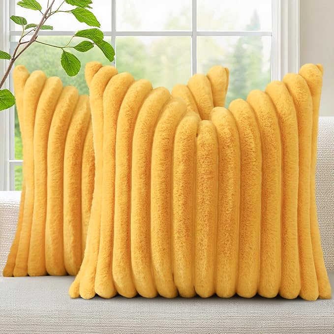 decorUhome Fall Faux Fur Throw Pillow Covers 18x18 Set of 2 Mustard Yellow | Decorative Soft Cozy Striped Plush Modern Farmhouse Boho Couch Pillow Cases Velvet Back for Sofa Bed Living Room Home Decor