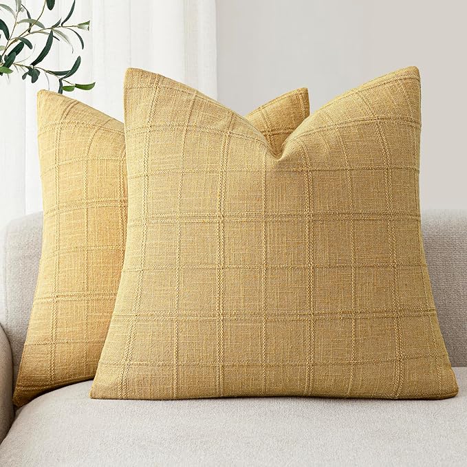 Foindtower Set of 2 Decorative Linen Check Throw Pillow Covers Neutral Farmhouse Vintage Cushion Covers Modern Boho Accent Home Decor for Sofa Chair Couch Bedroom Living Room,26×26 Inch,Amber Gold