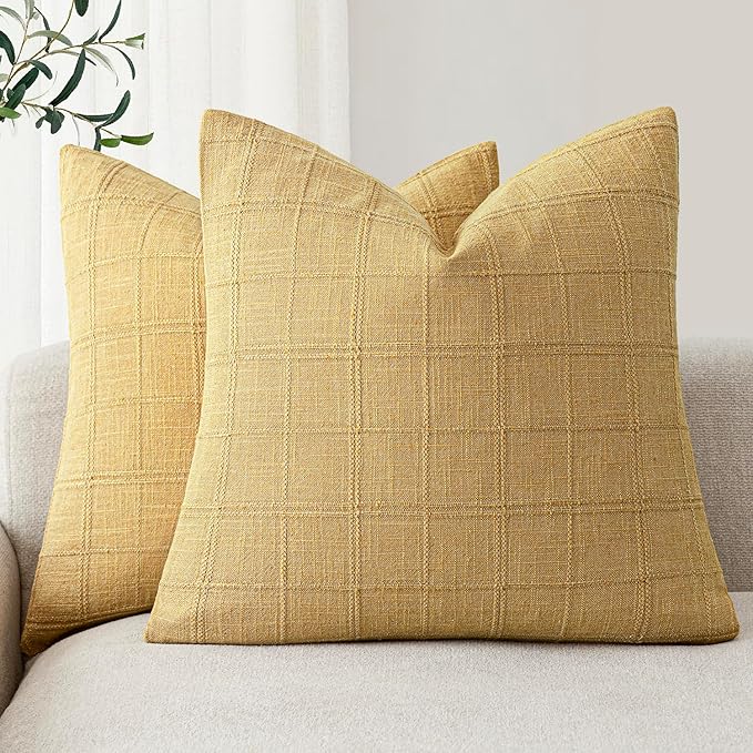 Foindtower Set of 2 Decorative Linen Check Throw Pillow Covers Neutral Farmhouse Vintage Cushion Covers Modern Boho Accent Home Decor for Sofa Chair Couch Bedroom Living Room,18×18 Inch,Amber Gold