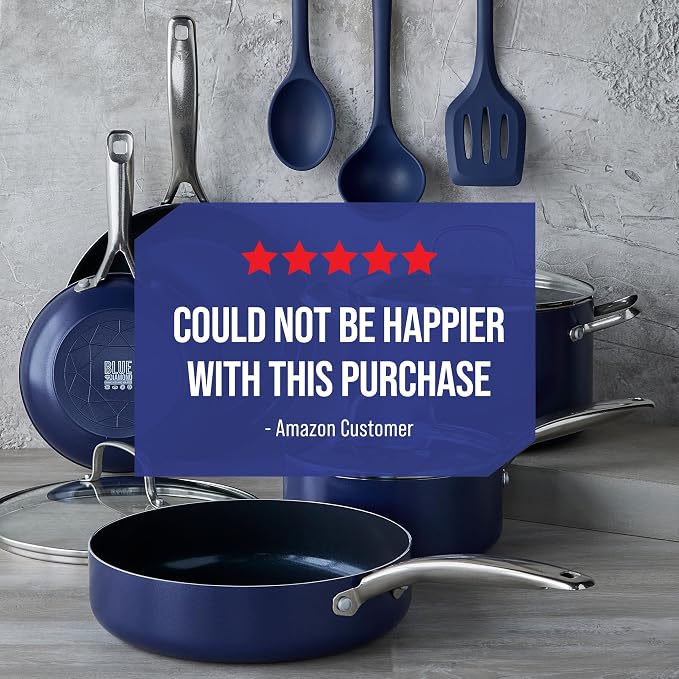 Blue Diamond 2 Piece Nonstick Frying Pan Set, 9.5” & 11" Skillets, PFAS-Free Ceramic, Dishwasher & Oven Safe, Stainless Steel Handle, Durable Metal Utensil Safe, Egg & Omelet Pans, Blue | 9.5" x 11" Skillets, PFAS-Free Ceramic Nonstick, Dishwasher & Ov...