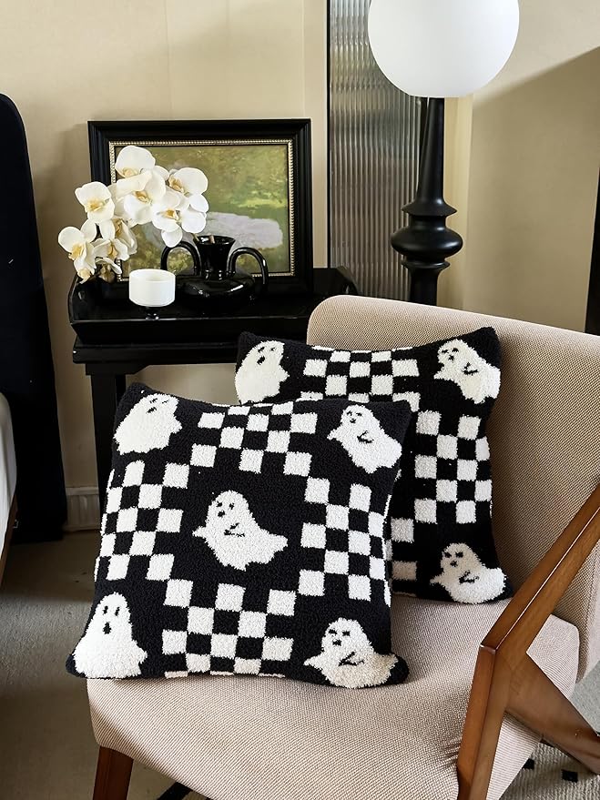 Ultra Soft Cozy Checkered Ghost Happy Halloween Knitted Throw Pillow Cover Fluffy Microfiber Checkerboard pillocase Lightweight Decorative for Sofa Bed 18 Inches Both Sides Black