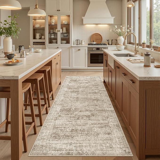 Soalmost Washable Kitchen Runner Rug 3x6 Hallway Entry Rugs Non-Slip, Brown | Vintage Runners 6ft for Bathroom Laundry Room, Foldable Low-Pile Floor Carpet Mat for Entryway Corridor Bedroom