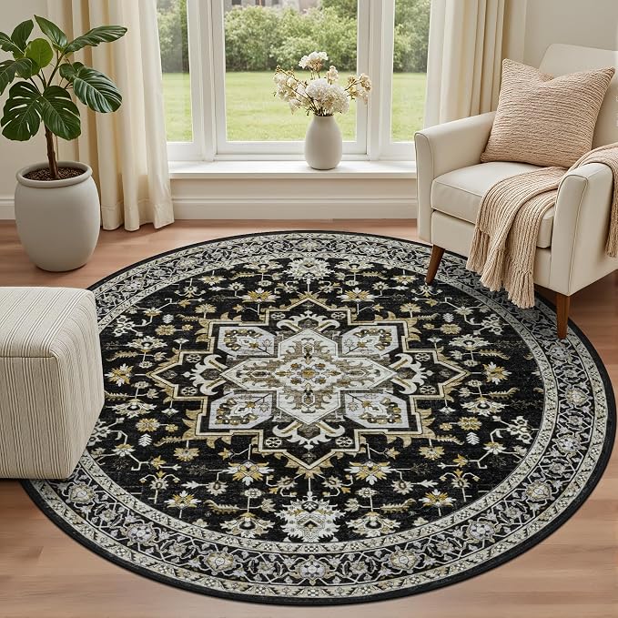Round Area Rug for Living Room: 4 ft Washable Vintage Boho Soft Thin Circle Rug Indoor Floor No Slip Stain Resistant Carpet for Bedroom Dining Room Farmhouse Nursery Home Office - Black Gold