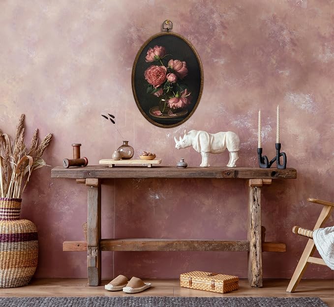 Moody Pink Peony Oval Wall Art, Vintage Dark Pink Peonies Oval Framed Wall Art, Waterproof Floral Cottage Core Home Decor for Western Farmhouse Bedroom Living Room, Home Retro Decor Products, 22