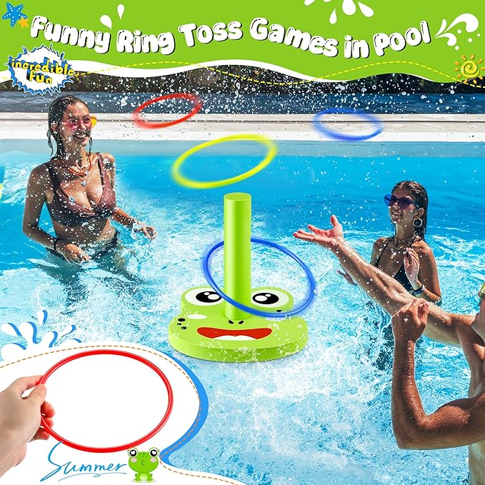 Hiboom Pool Ring Toss Games Toys, Swimming Pool Games for Adults and Family with 6 Pcs Throwing Rings, Water Foam Toss Float Toys for Summer Outdoor, Beach, Yard, Party(Frog)
