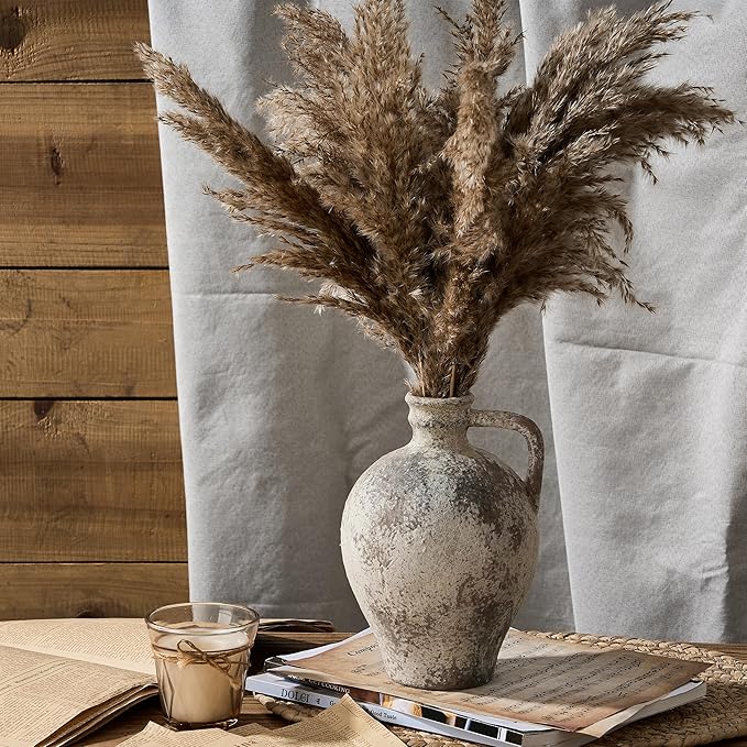 PORCER Antique Ceramic Vase, 8.3 Inch Terracotta Vase with Handle, Tuscan Decor Decorative Vase, Rustic Vase for Home Decor, Farmhouse, Living Room, Floor, Wedding, Christmas- Gray