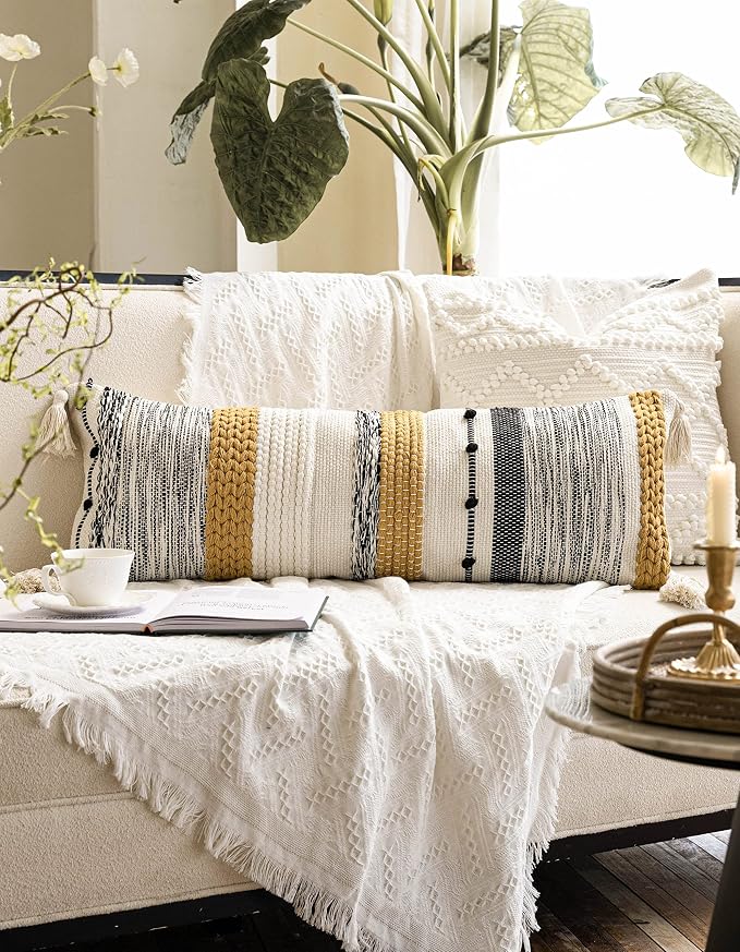 Decorative Lumbar Throw Pillow Cover 14x36 Boho Long Cushion for Bed Yellow Mustard Accent Farmhouse Pillowcase for Bedroom Living Room Couch Sofa Home Décor Cover ONLY