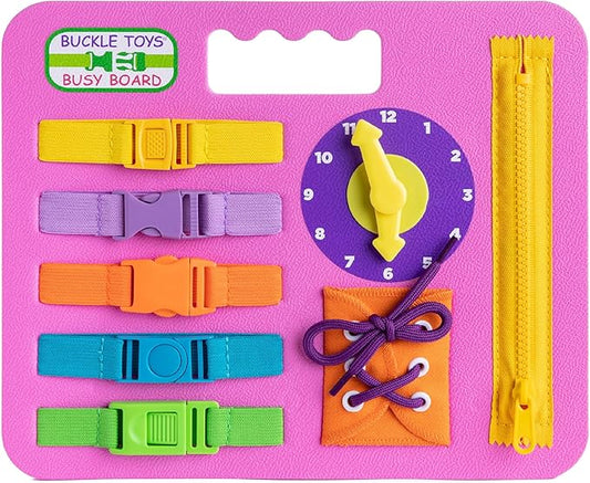 Buckle Toys Busy Board - Montessori Learning Toy for Toddlers Great Kids Road Trip Essentials - Foam Sensory Board - Develop Fine Motor Skills - Pink