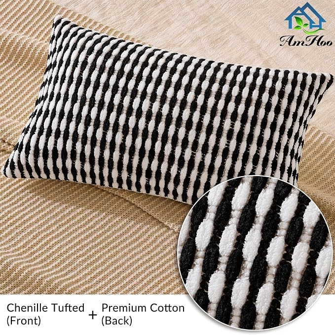 Boho Chenille Pillow Cover Decorative Tufted Pillowcase for Couch Bed Sofa Bedroom Living Room Modern 12 x 20-Inch Black