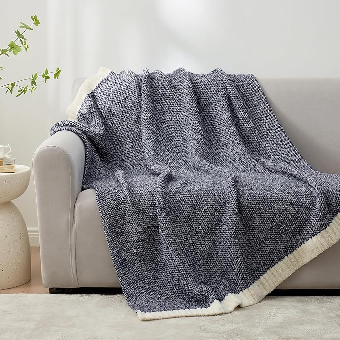 Snuggle Sac Heather Navy Throw Blanket for Couch, Super Soft Warm Microfiber Blankets Navy Blue, Cozy Knit Fuzzy Plush Lightweight Throws for Sofa, Bed, Heather Navy,50x60 inches