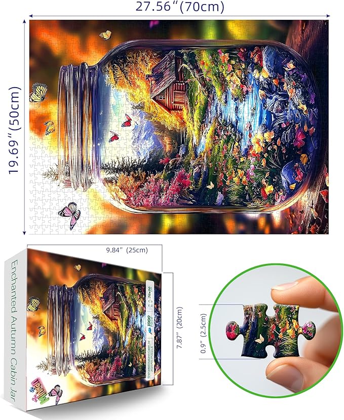 1000 Piece Jigsaw Puzzle for Adults - Enchanted Mountain Jar with Log Cabin & Butterflies, 27.5x19.7 Inch Unique Art Puzzle, Challenging Hard Difficult Puzzles for Adults