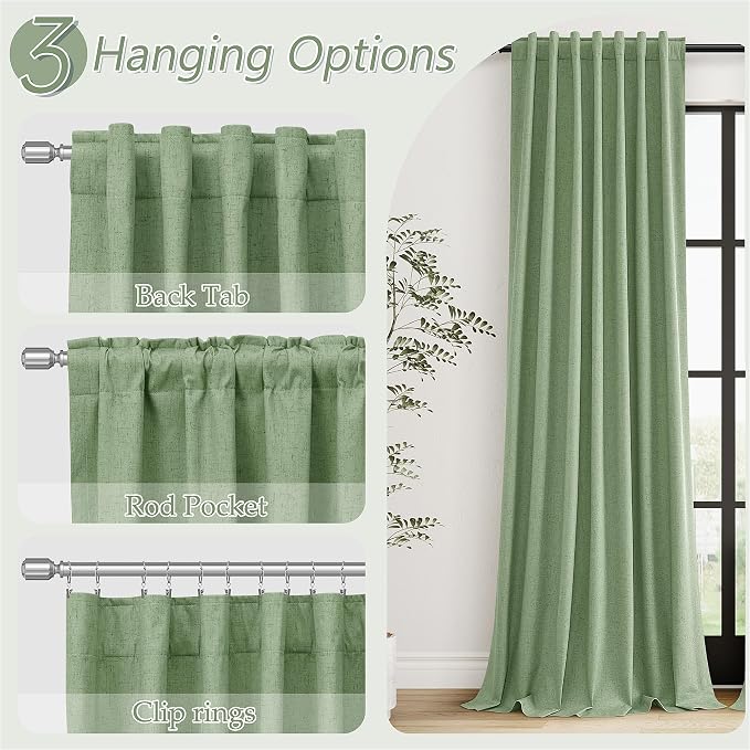 Guken Light Sage 100% Blackout Linen Curtains 120 Inch Length 2 Panels Set for Living Room Bedroom Back Tab/Rod Pocket Thermal Insulated Black Out Drapes Room Darkening Window Curtains