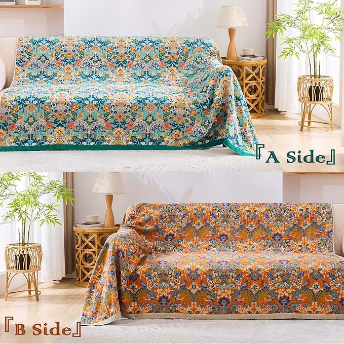 XIBLC Boho Blanket Throw Quilt, 100% Cotton Soft Light Weight Throw Blankets for Summer, 60"x80" Farmhouse Flower Decorative Blankets, All Season Rustic Reversible Bohemian Throw Quilt