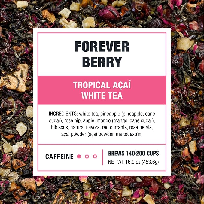 Tiesta Tea - Forever Berry Tea, Loose Leaf, Tropical Açaí White Tea, Premium Low Caffeine Tea Blend, Make Hot or Iced & Up to 200 Cups, 16 oz Resealable Bulk Pouch
