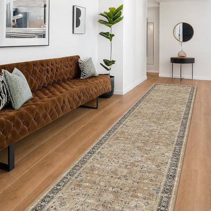 Hazo Haus Natural Taupe Washable 3x12 Extra Long Hallway Runner Rug, Washable Large Kitchen Floor Rug Indoor, Non-Slip Stain & Fade Resistant, Vintage Earthy Tone Decor