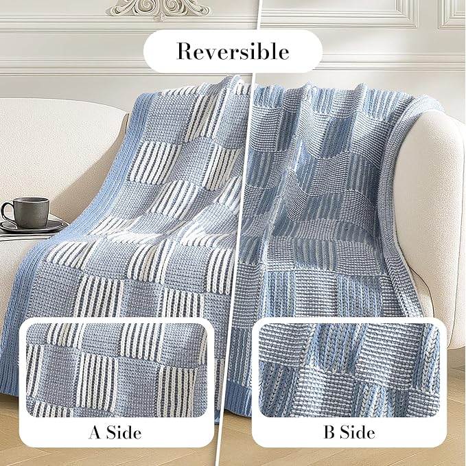Knit Throw Blanket, Soft Chenille Cozy Breathable Dual Tone Checkered Chunky Decorative Blanket for Couch, Bed & Sofa, French Lightweight Warm Gift for Women, Washed Blue, 50"x60"
