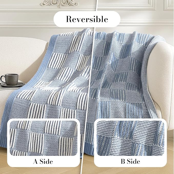 Knit Throw Blanket, Soft Chenille Cozy Breathable Dual Tone Checkered Chunky Decorative Blanket for Couch, Bed & Sofa, French Lightweight Warm Gift for Women, Washed Blue, 60"x80"