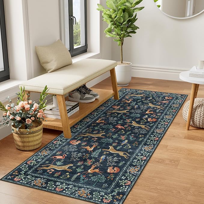 DUKINO 2x5 Rug for Hallway, Washable Animal Runner Rug Non Slip, Navy Blue | Low Pile, Stain Resistant, Soft Indoor Carpet Runner for Kitchen, Entryway, Bedroom, Bathroom, Pet Friendly, Lightweight