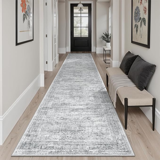 Soalmost Hallway Runner Rug 2'6" x 12' Washable Long Kitchen Rugs Grey | Non-Slip Vintage Runners 2.5x12ft for Bathroom Entryway, Thin Low-Pile Foldable Floor Carpet Mat 12 ft for Corridor Bedroom