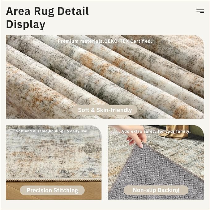 Soalmost Abstract Rug 8x10 Large Living Room Rugs Washable Orange/Brown | Modern Non-Slip Area Carpet for Dining Bedroom, Stain Resistant Foldable Low Pile Floor Mat Under Table Home Office Decor
