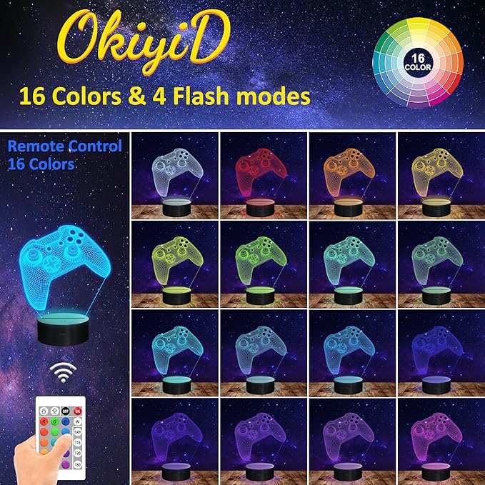 Gamer Gift, 3D Illusion Lamp, Gaming Night Light with 16 Colors Remote and Touch Control Dimmable- Perfect for Men's Game Room Decoration, Boys' Kids Room, Birthday Gift