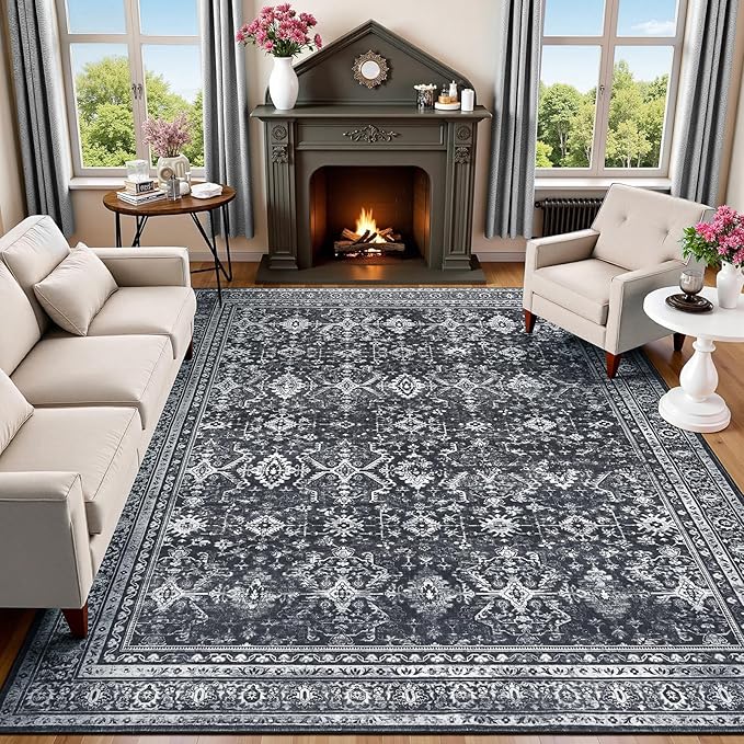 8x10 Area Rugs for Living Room, Black Washable Non-Slip Large Carpet | Soft Area Rug for Bedroom Dining Room Home Office Indoor Nursery, Stain Resistant, Low Pile, Vintage Boho Distressed Rug