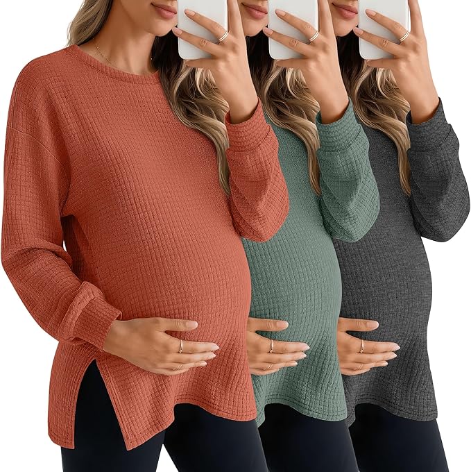 3 Pack Women's Maternity Shirts Long Sleeve Waffle Knit Side Split Oversized Tops Pregnancy Clothes Fall Tees