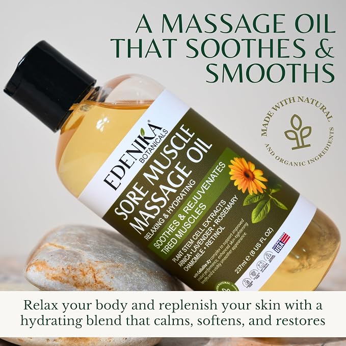 Edenika Botanicals Maximum Strength Sore Muscle Massage Oil for Massage Therapy with Pure Arnica, Deep Muscle Tension Relief & Joint Comfort Rub, Enhancing Circulation & Warming, 8 fl oz