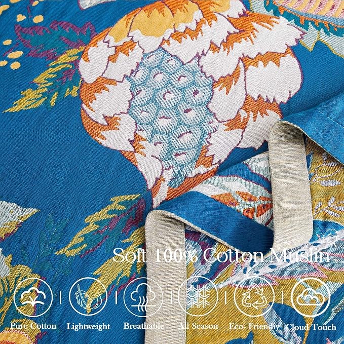 XIBLC Boho Throw Blanket, Blue Lightweight Blankets for Summer, 100% Cotton Bohemian Decorative Throw Blanket, 90"x98" Reversible Muslin Breathable Woven Farmhouse Blankets Quilt,