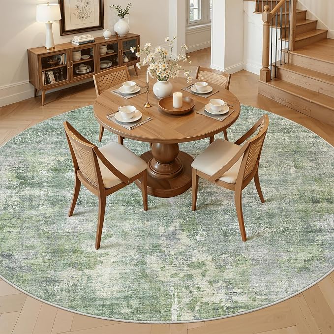 Soalmost Round Rugs 9ft Living Room Circle Area Rug 9x9 Green/Ivory Vintage | Washable Non Slip Abstract Carpet for Apartment, Dining Bedroom, Soft Low Pile Stain Resistant Foldable Floor Mat Entryway