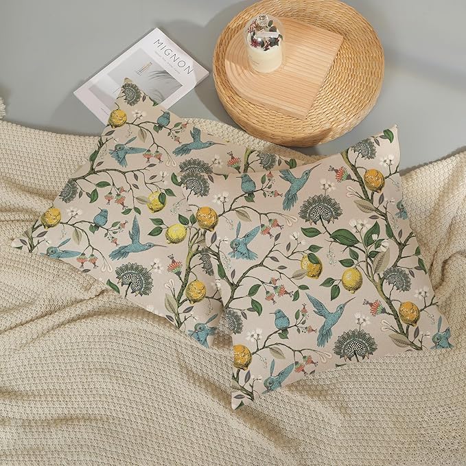 Chinoiserie Pillow Covers 16x16 Set of 2 Blue Green Bird Floral Throw Pillows Vintage Yellow Lemon Flowers Decorations Pillowcase Outdoor Chinoiserie Decor Linen Cushion Case for Couch Home