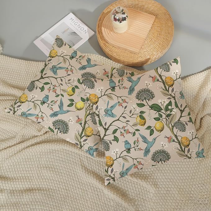 Chinoiserie Pillow Covers 20x20 Set of 2 Blue Green Bird Floral Throw Pillows Vintage Yellow Lemon Flowers Decorations Pillowcase Outdoor Chinoiserie Decor Linen Cushion Case for Couch Home