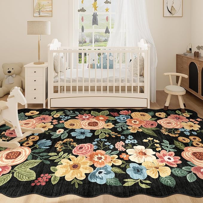 DUKINO 5x8 Washable Area Rug, Soft Floral Living Room Rug Non Slip, Black | Low Pile, Non Shedding Thin Throw Rugs for Bedroom, Dining Room, Home Office, Kids Playroom, Pet Friendly, Modern Home Decor