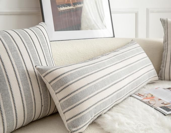 Cethom Decorative Boho Lumbar Pillow Covers, Modern Farmhouse Couch Pillowcase, 14 x 36 Long Accent Body Throw Pillow Covers, Sofa Bed Living Room Decor Cushion Case, Grey and Beige, Pack of 1