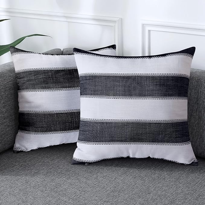 Pack of 2 Farmhouse Stripe Check Throw Pillow Covers Set Case Cotton Linen Decorative Pillowcases Cushion Cover for Couch Bench Sofa 18x18Inch Black
