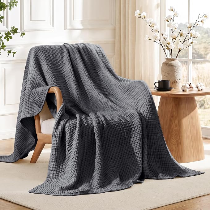 Love's cabin 100% Cotton Muslin Blanket, 6 Layer Lightweight Breathable Gauze Twin Size Blanket 60 x 80 Inches, Soft Summer Blanket for Bed or Couch, Dark Grey