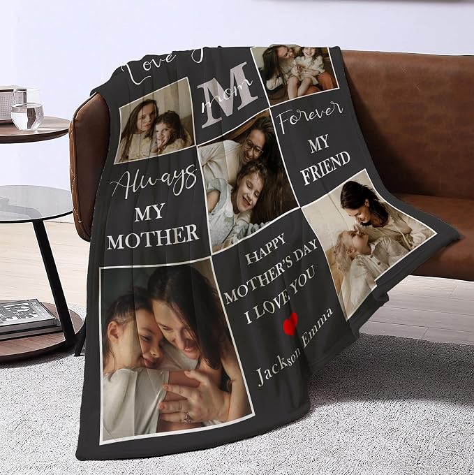 Personalized Mothers Day Birthday Gifts for Mom, Mothers Day Blanket Gifts from Daughter Son Kids Husband, Custom Blanket with Photos Text, Customized Christmas Anniversary Ideas Gifts for Mom Wife