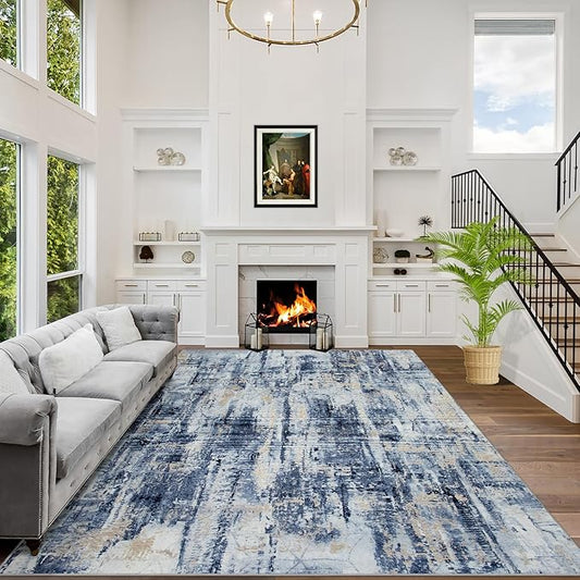 4x6 Area Rugs Washable Rug: Modern Abstract Living Room Rug Soft Anti-Skid Thin Carpet Indoor Floor Non-Shedding Carpets for Bedroom Dining Room Farmhouse Nursery Home Office - Blue Gold