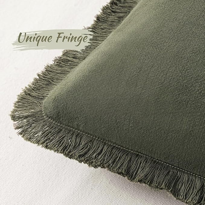 MIULEE Linen Fringe Decorative Euro Throw Pillow Covers Olive Green 26x26 | Set of 2, Cottagecore Decor, Boho Farmhouse Neutral Pillow Covers, Rustic Couch Cushion Cases for Sofa Bed Living Room