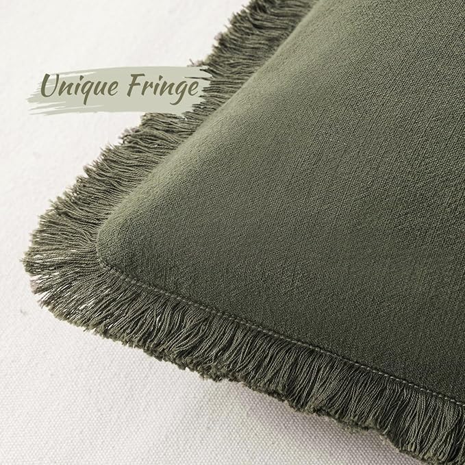 MIULEE Boho Linen Decorative Lumbar Throw Pillow Covers Olive Green 12x20 | Set of 2, Cottagecore Decor, Boho Farmhouse Neutral Pillow Covers, Rustic Fringe Couch Cushions for Sofa Bed Living Room