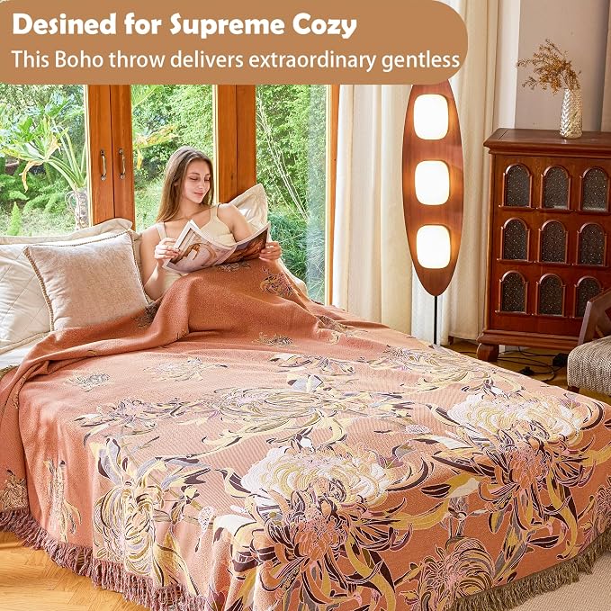 VANJOROY Boho Throw Blanket 80" x 90", 100% Organic Cotton Breathable Skin-Friendly Ultra Soft Bed Quilt Throw - Floral Rustic Decor Luxury Reversible Blanket for Sofa Couch Chair and Gift,