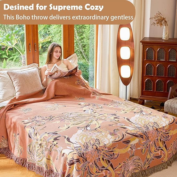 VANJOROY King Boho Throw Blanket 91" x 98", 100% Organic Cotton Breathable Skin-Friendly Ultra Soft Bed Quilt Throw - Floral Rustic Decor Luxury Reversible Blanket for Sofa Couch Chair and Gift