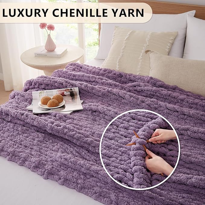 L'AGRATY Chunky Knit Throw Blanket for Couch, 50 x 60 Inches, Deep Purple | Handmade Chenille Crochet Blanket for Sofa Bed, Thick Cable Knitted Blankets for Room Home Decor, Birthday Gift for Women Mom