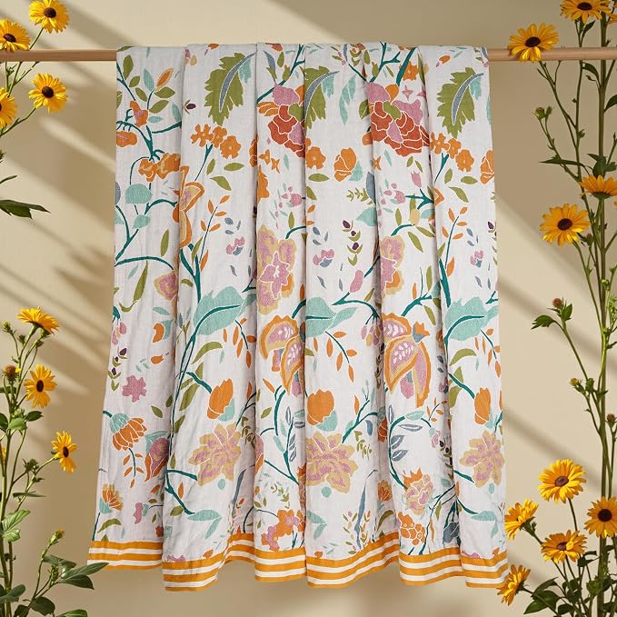 VANJOROY Boho Throw Blanket for Bed, 100% Organic Cotton Breathable Ultra Soft 60" x 80" Quilt Throw - All Season Floral Rustic Farmhouse Decor Luxury Reversible Blanket for Sofa Couch Chair and Gift