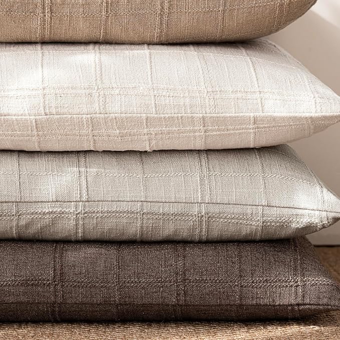 Foindtower Set of 2 Decorative Linen Check Throw Pillow Covers Neutral Farmhouse Vintage Cushion Covers Modern Boho Accent Home Decor for Sofa Chair Couch Bedroom Living Room,26×26 Inch,Light Grey