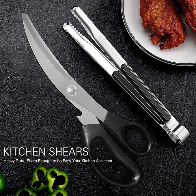 Kitchen Scissors, Korean Barbecue Sheras and Tongs Set,Kitchen Scissors for Meat Cutting, Chicken, Vegetables,Stainless Steel Non-slip Serrated Sharp BBQ Multipurpose Kitchen Sheras Tongs