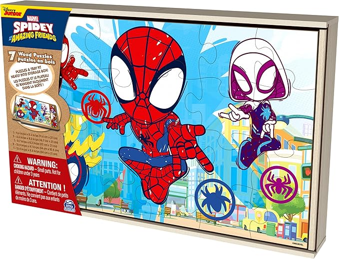 Spin Master Games, Marvel Spidey and His Amazing Friends Puzzles 7-Pack, Jigsaw Kids Puzzles with Sliding Wood Storage Box, Spiderman Toys, for Kids Ages 4 & Up