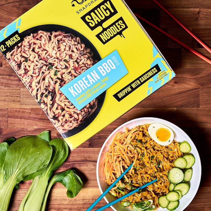 Snapdragon Saucy Instant Noodles with Korean BBQ Slurpable Sauce - Quick Meal, Snack, and Lunch. 12-Pack Microwave Noodles for Cup, Bowl, Ramen or Asian Stir Fry