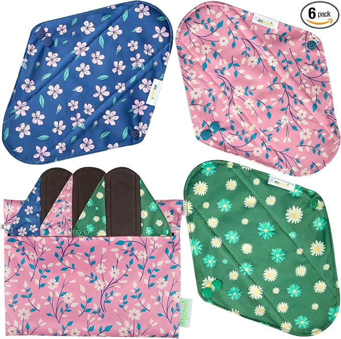 Wegreeco Cloth Menstrual Pads - Soft Washable Pads for Women - Reusable Panty Liners for Women - 6 Pack with 1 Cloth Mini Wet Bag (Medium, Chrysanthemums)