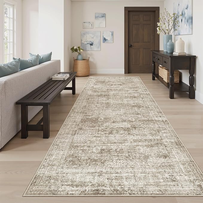 Soalmost Washable 4x8 Hallway Runner Rug Non-Slip Kitchen Entry Rugs Brown | Vintage Wide Runners for Living Dining Room Entryway, Foldable Low-Pile Floor Carpet Mat 8ft for Corridor Foyer Bedroom